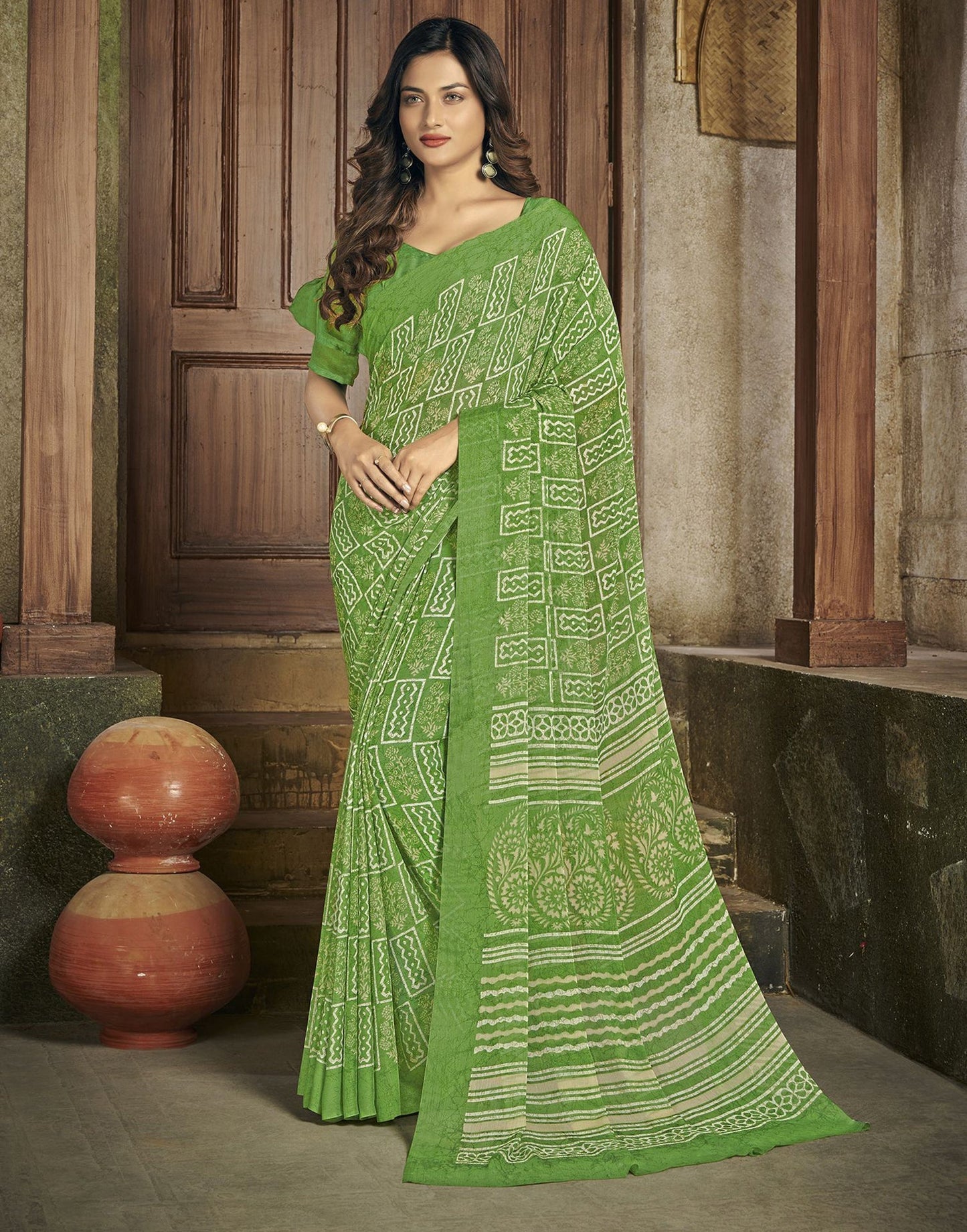 Green Chiffon Printed Saree