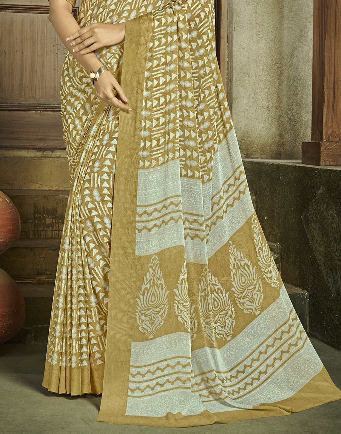 Olive Green Chiffon Printed Saree