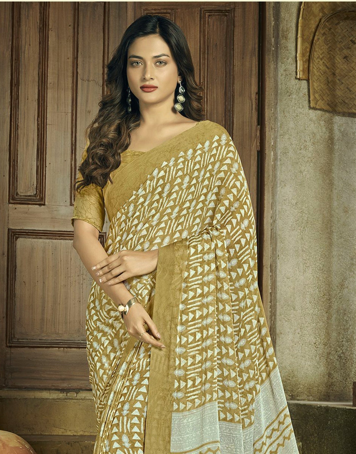 Olive Green Chiffon Printed Saree