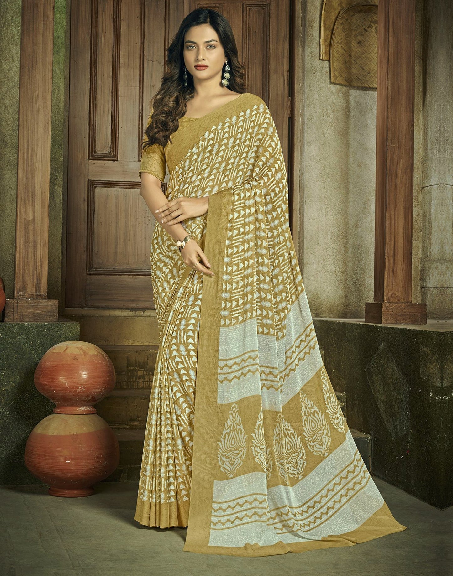 Olive Green Chiffon Printed Saree