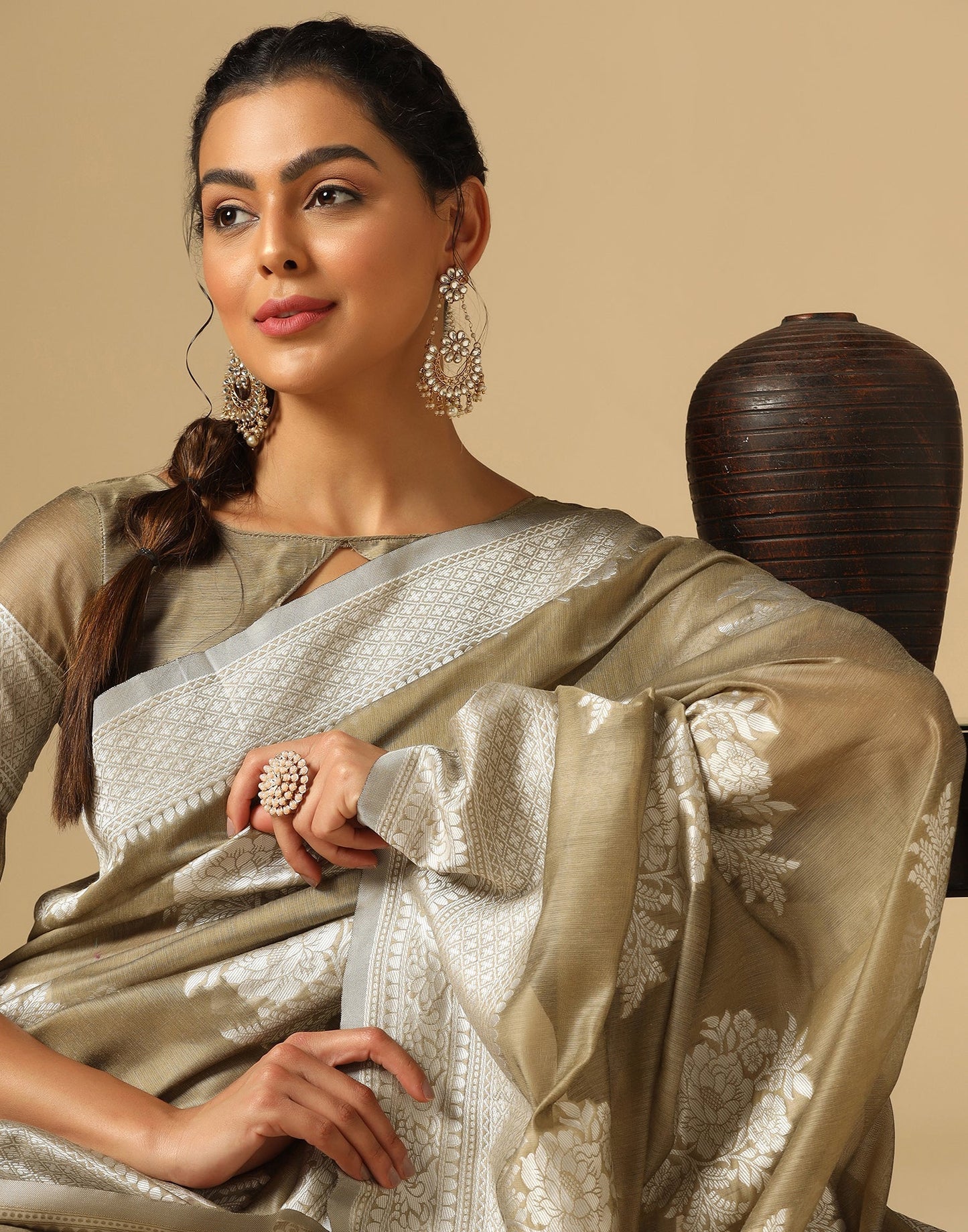 Beige Banarasi Cotton Saree