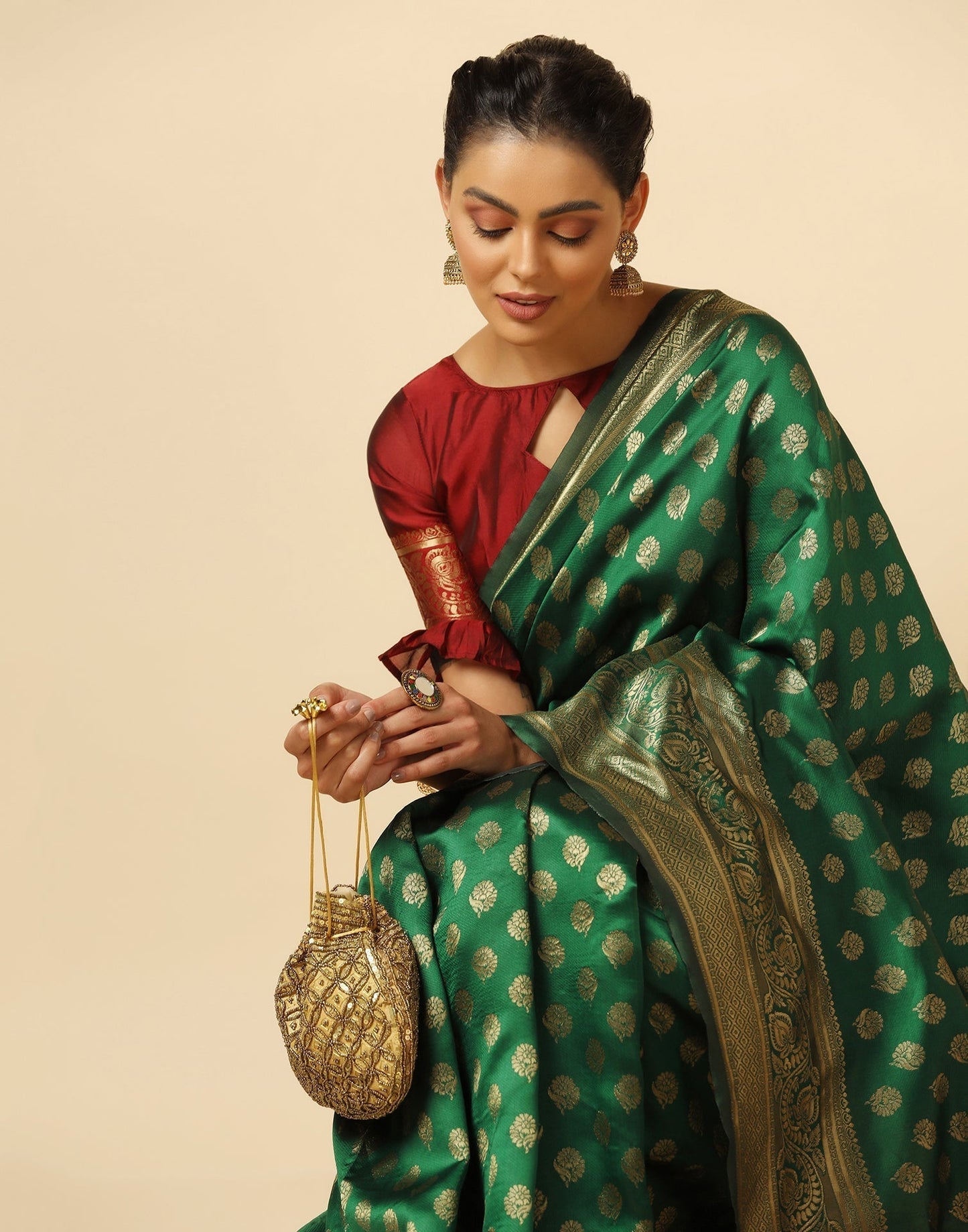 Green And Golden Silk Jacquard Saree