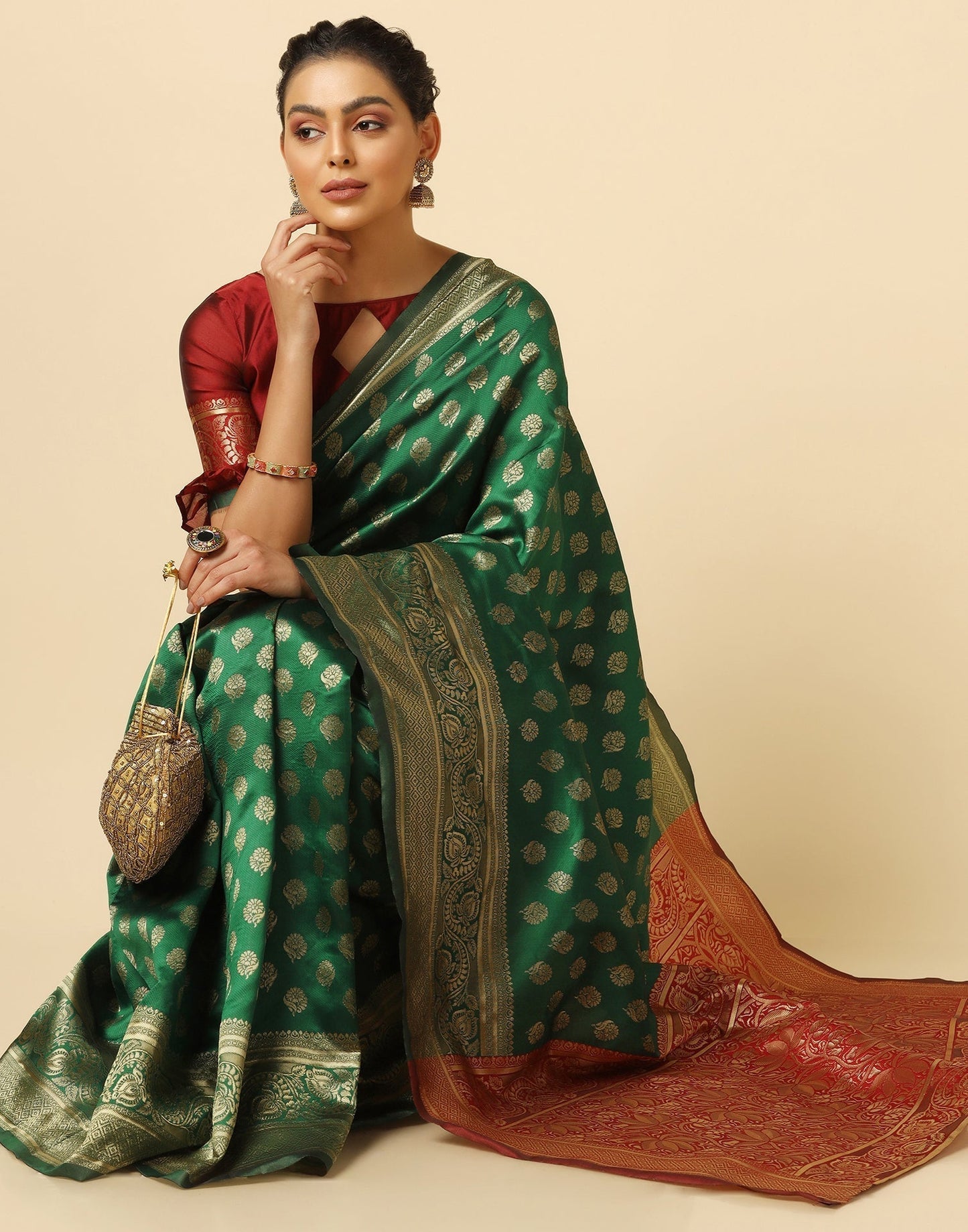 Green And Golden Silk Jacquard Saree