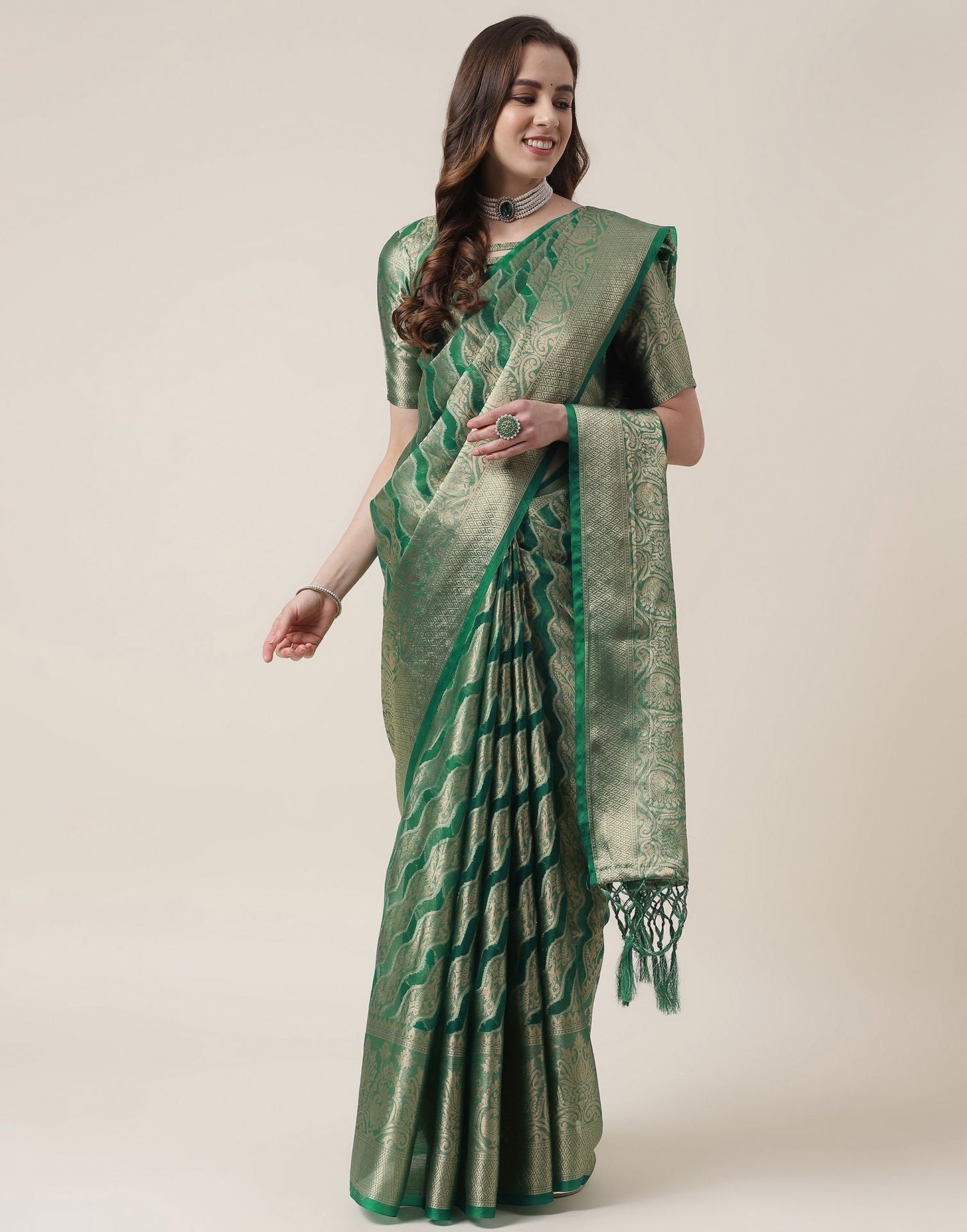 Green And Golden Organza Jacquard Saree