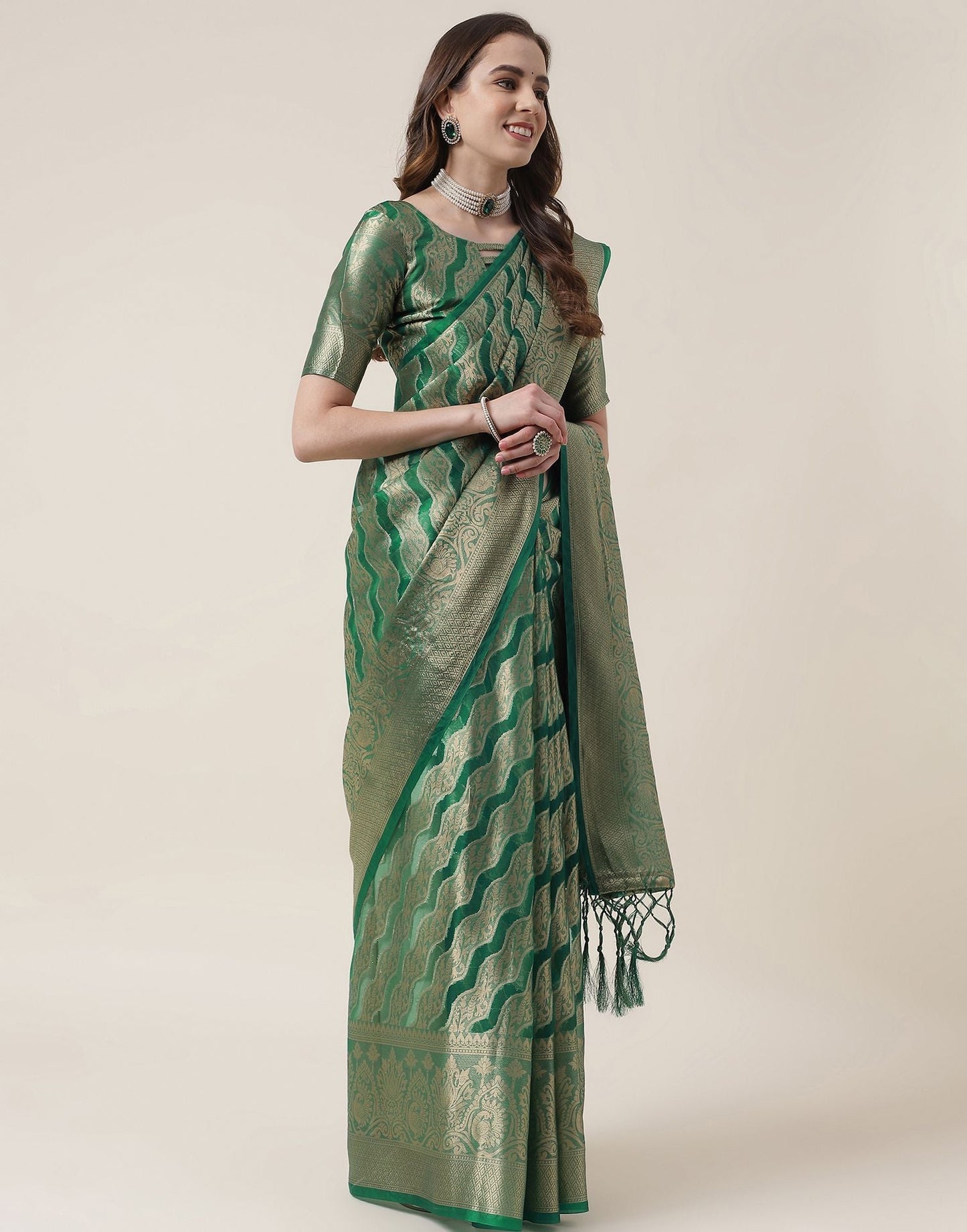 Green And Golden Organza Jacquard Saree