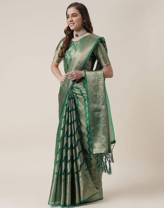 Green And Golden Organza Jacquard Saree