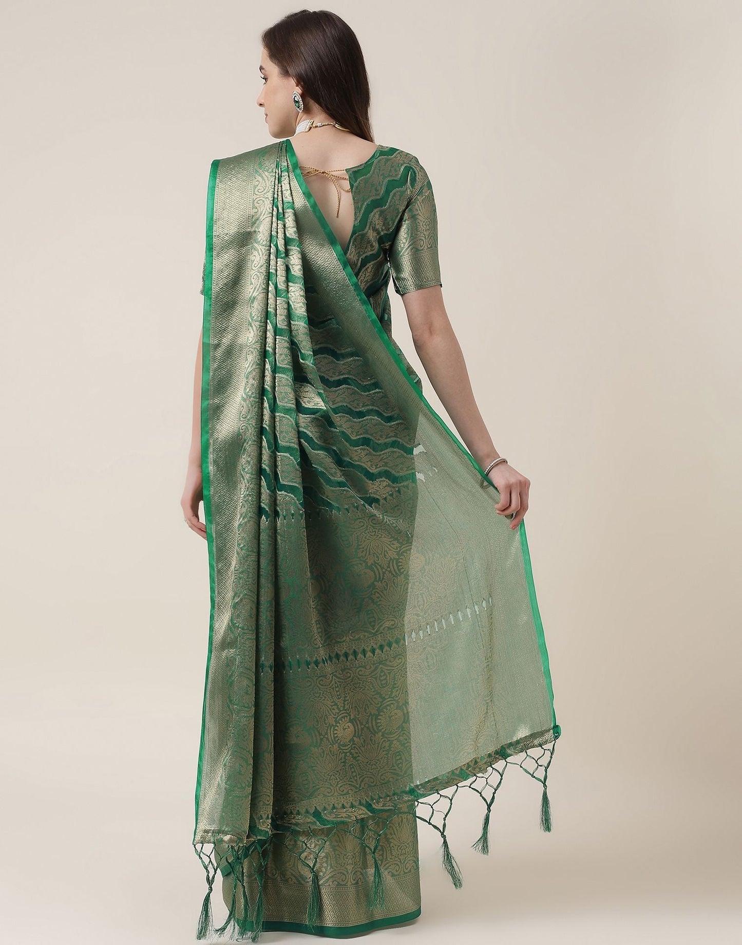 Green And Golden Organza Jacquard Saree