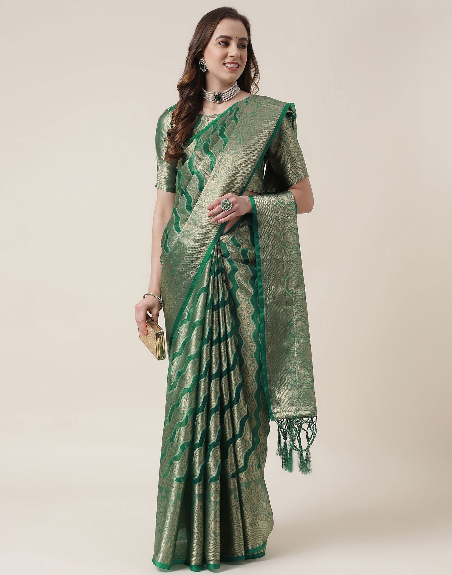 Green And Golden Organza Jacquard Saree