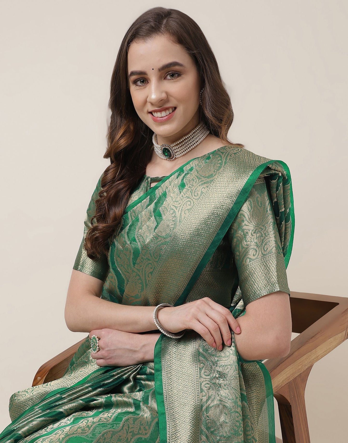 Green And Golden Organza Jacquard Saree