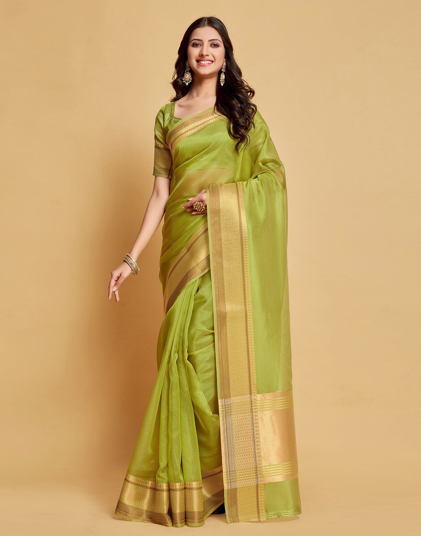 Parrot Green Plain Organza Saree