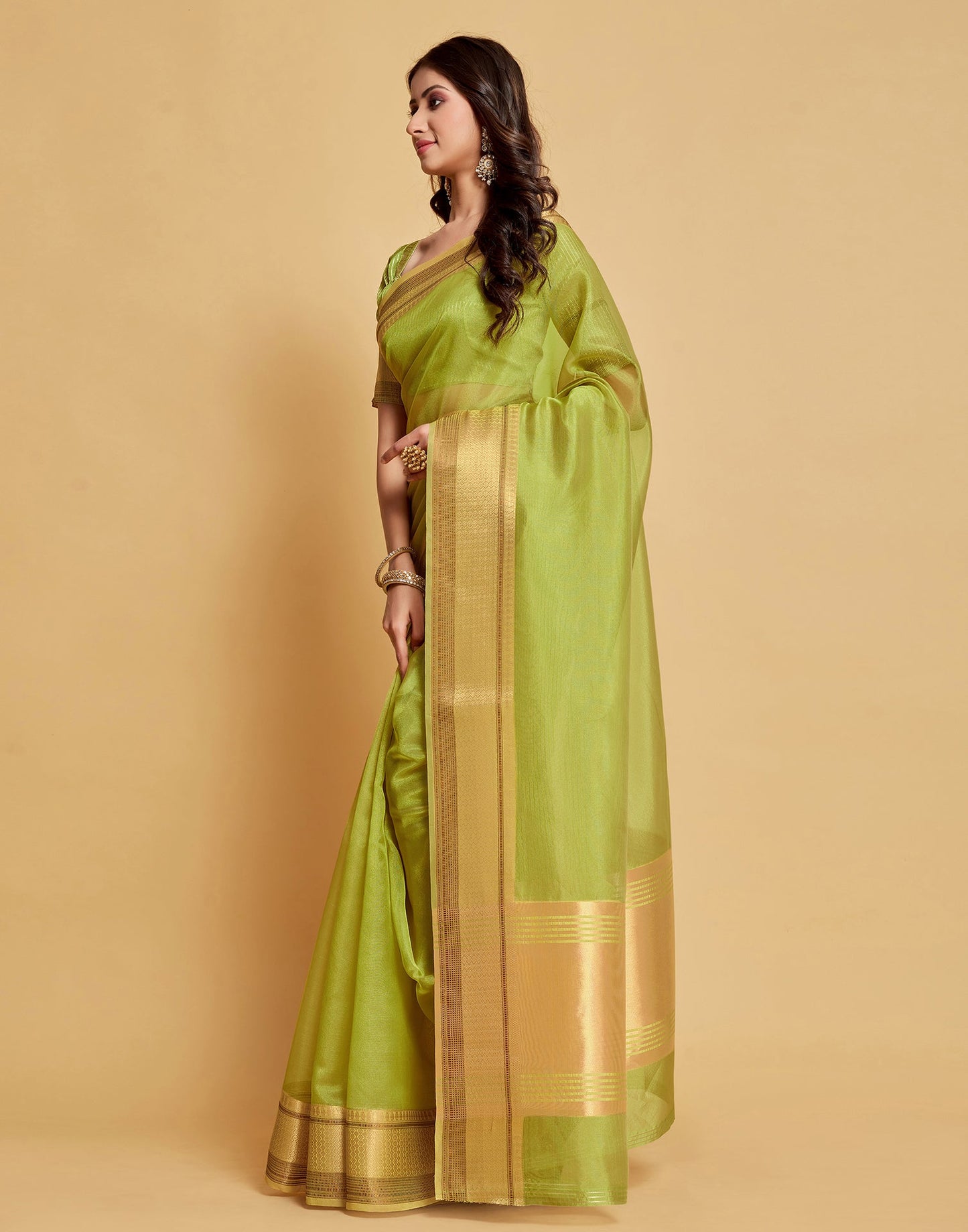 Parrot Green Plain Organza Saree