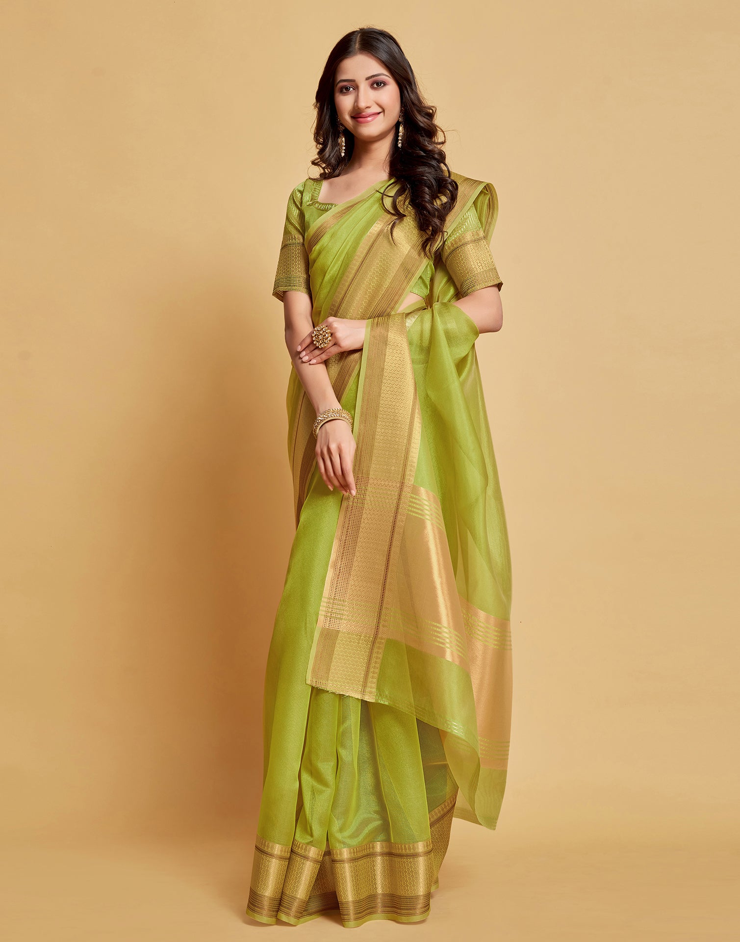 Parrot Green Plain Organza Saree