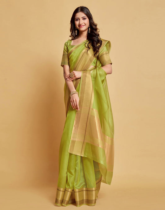 Parrot Green Plain Organza Saree