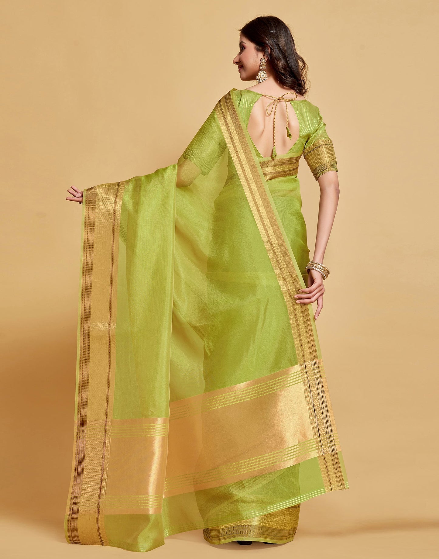 Parrot Green Plain Organza Saree