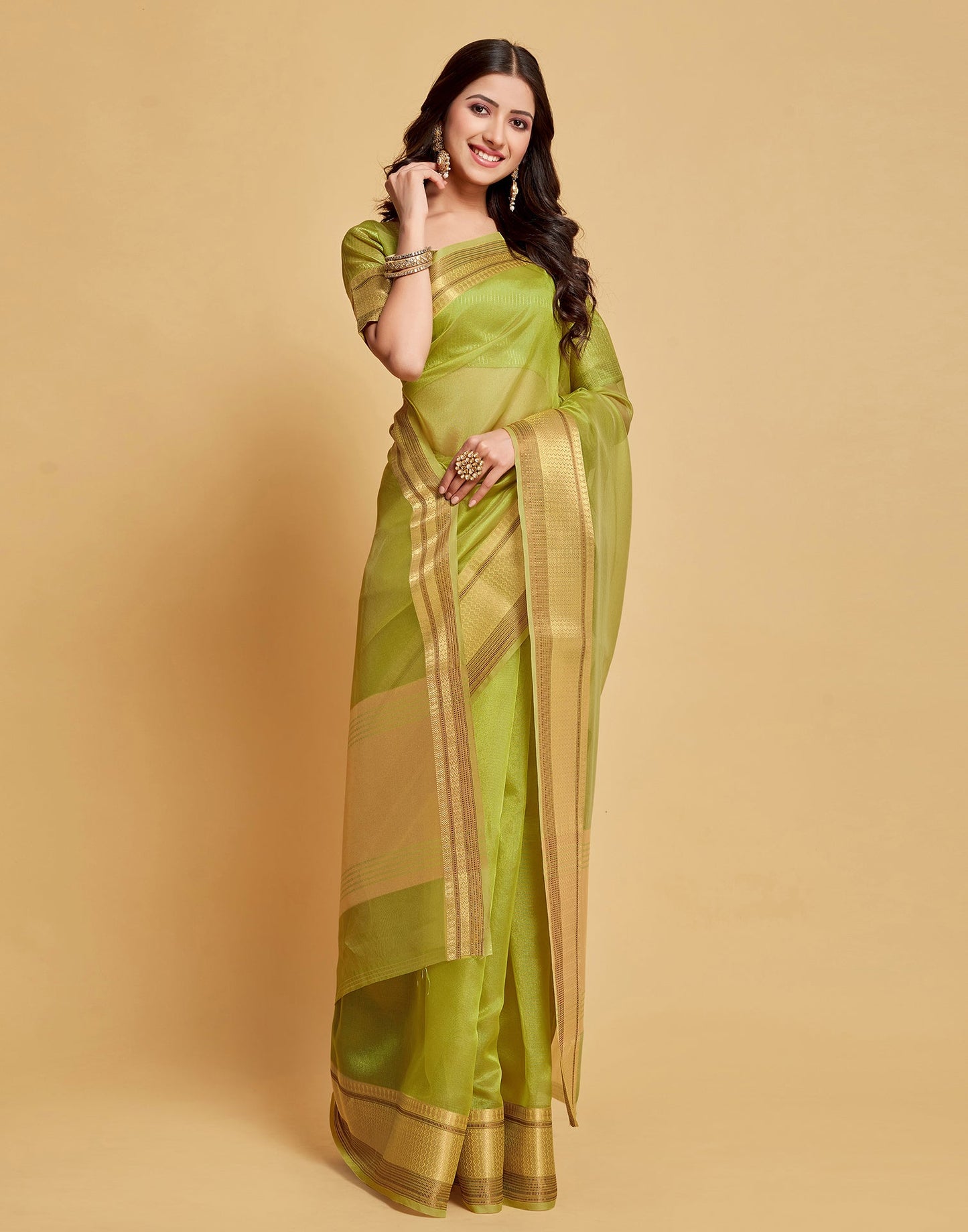 Parrot Green Plain Organza Saree