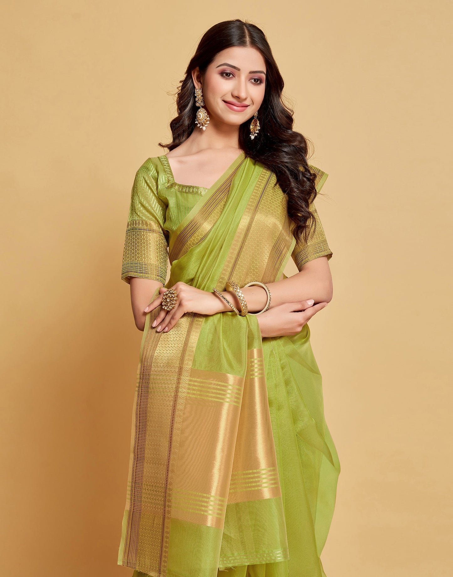 Parrot Green Plain Organza Saree