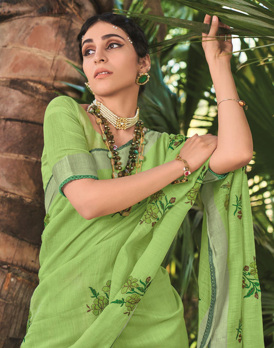 Parrot Green Cotton Embroidery Saree