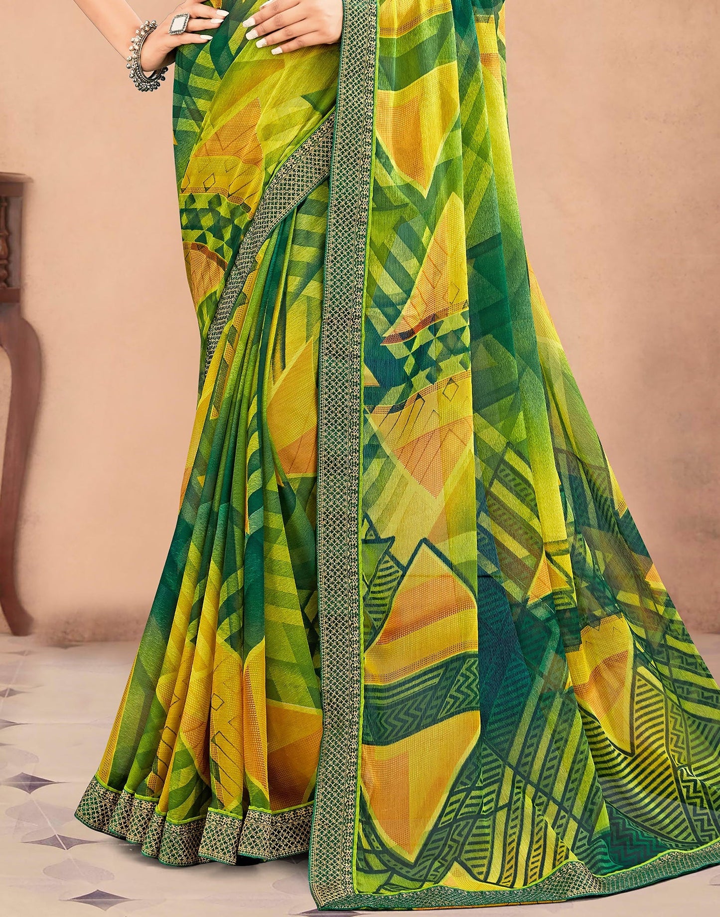 Green Chiffon Printed Saree