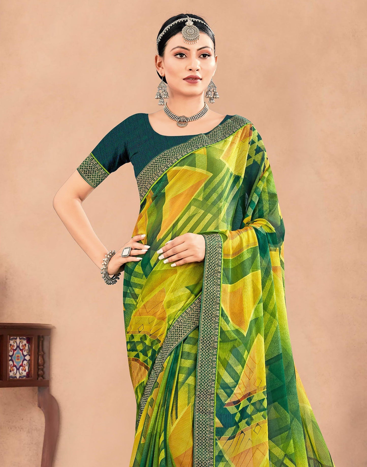 Green Chiffon Printed Saree