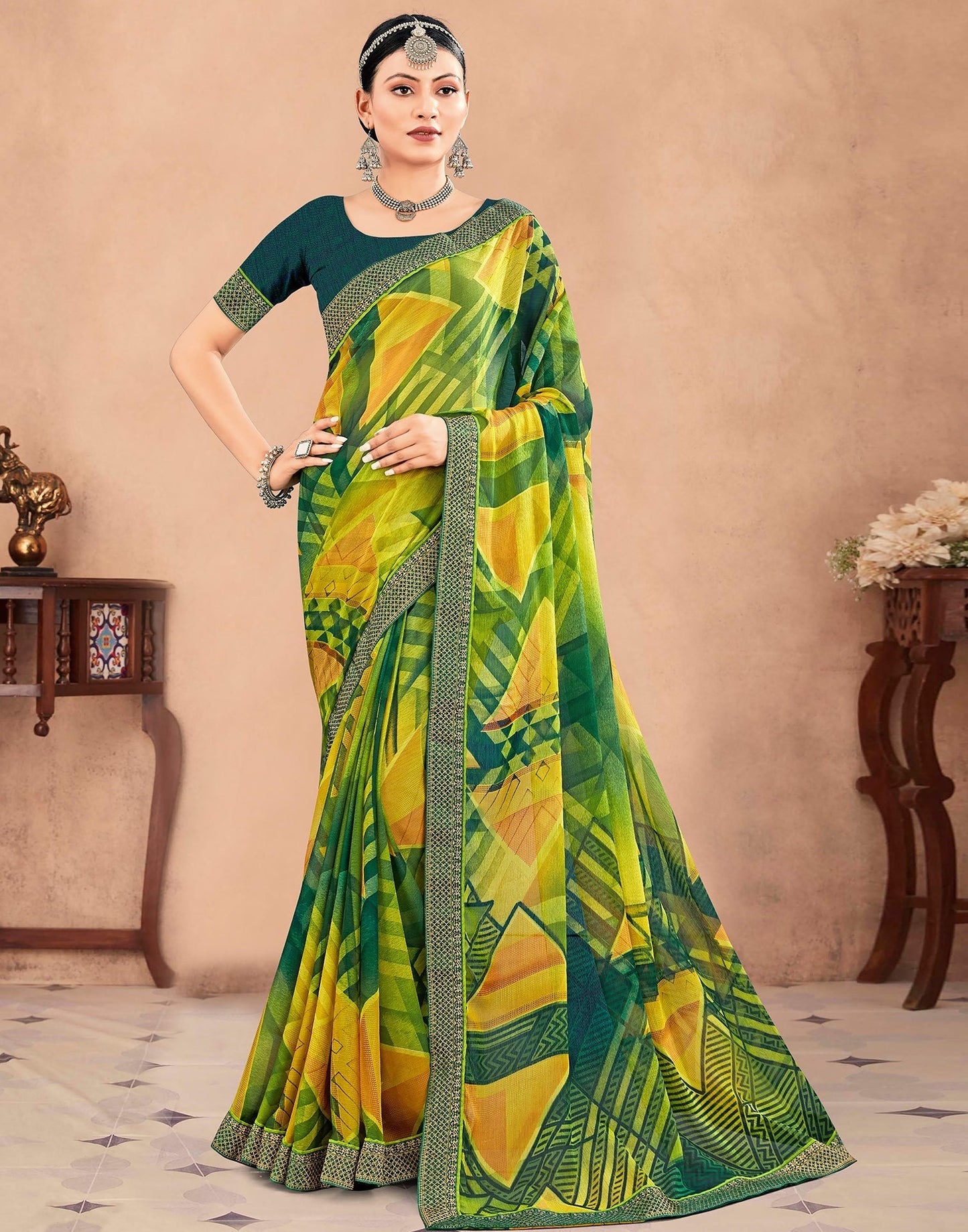 Green Chiffon Printed Saree