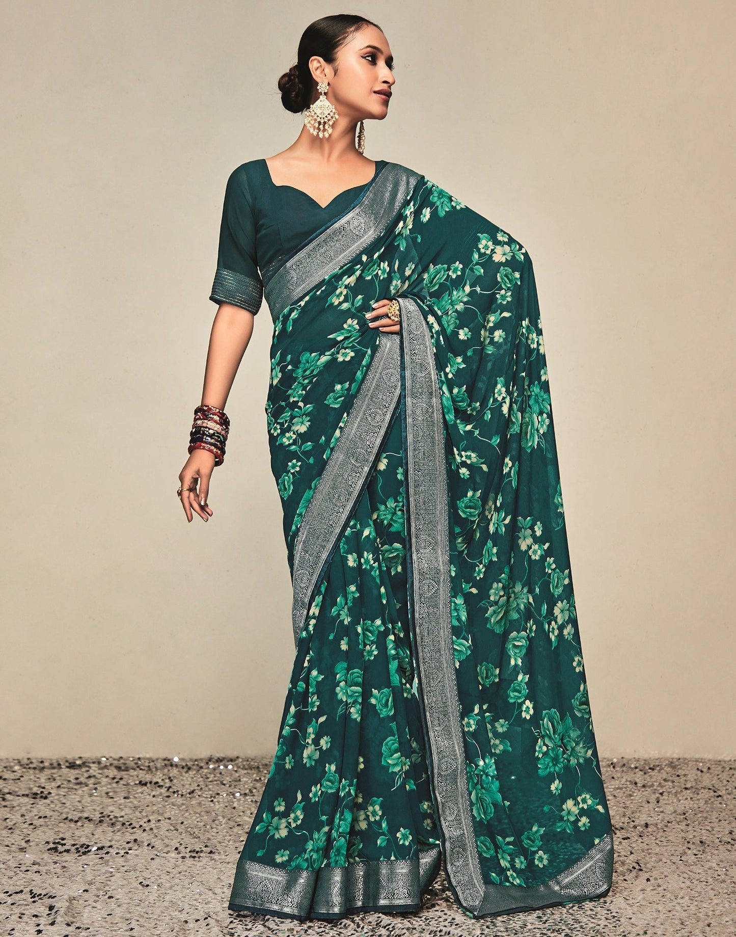 Green & Cream Georgette Printed Saree