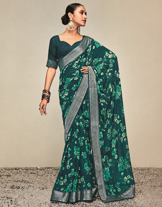 Green & Cream Georgette Printed Saree