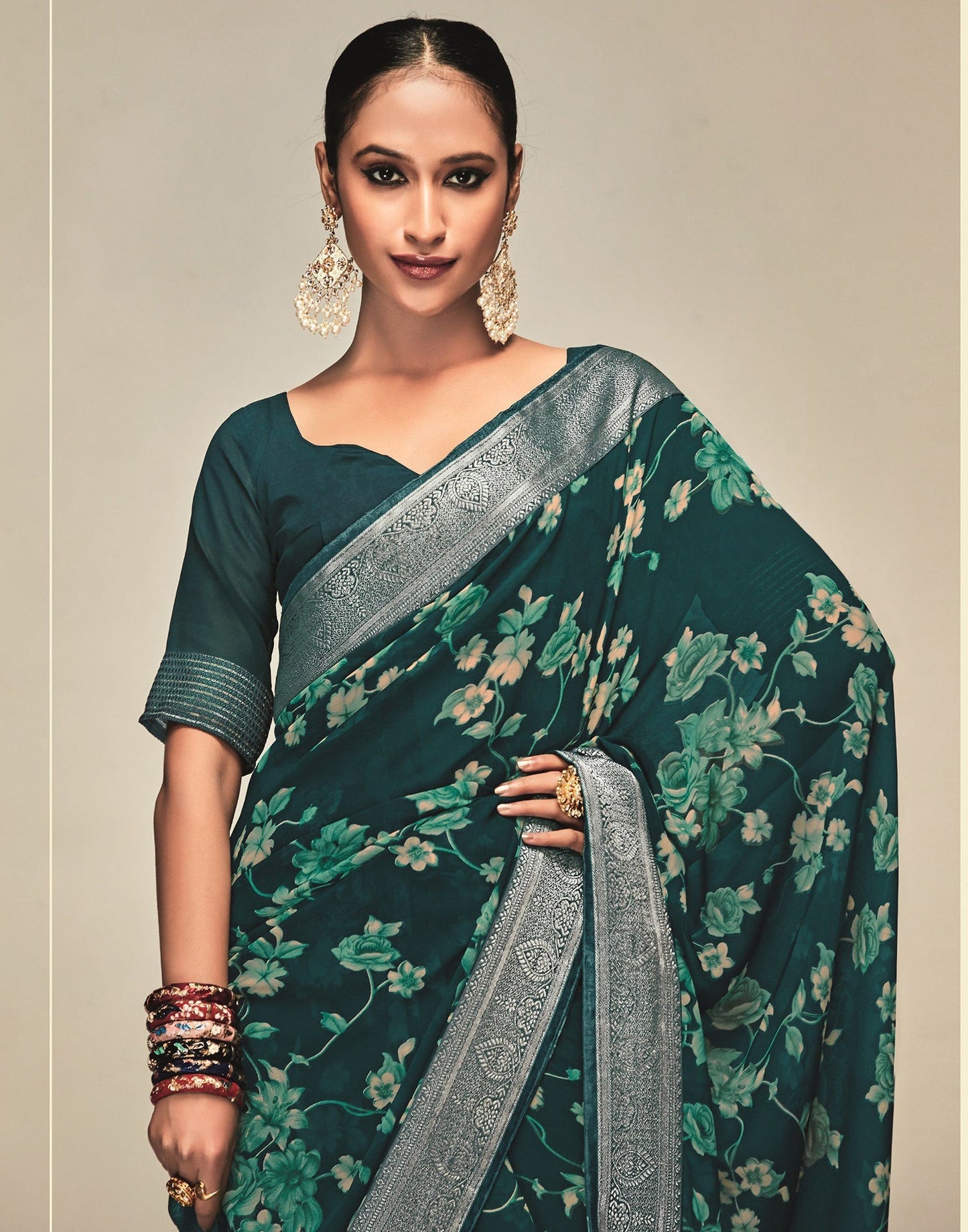 Green & Cream Georgette Printed Saree