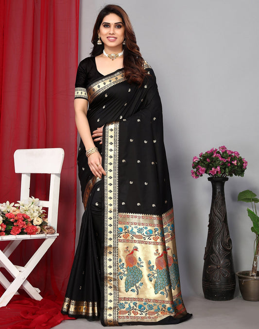 Black Paithani Silk Saree With Zari Weaving Work