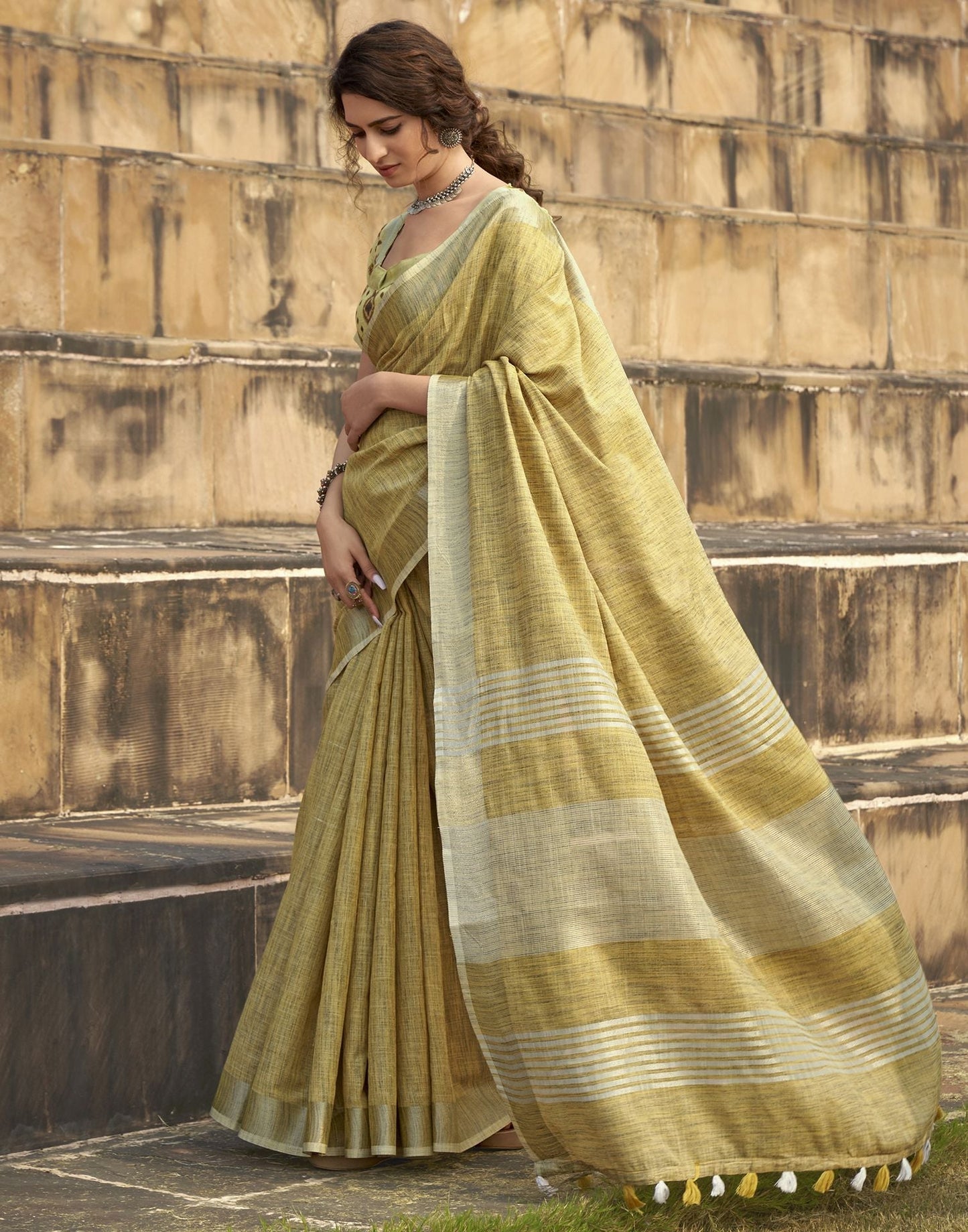 Olive Green Self Woven Cotton Saree