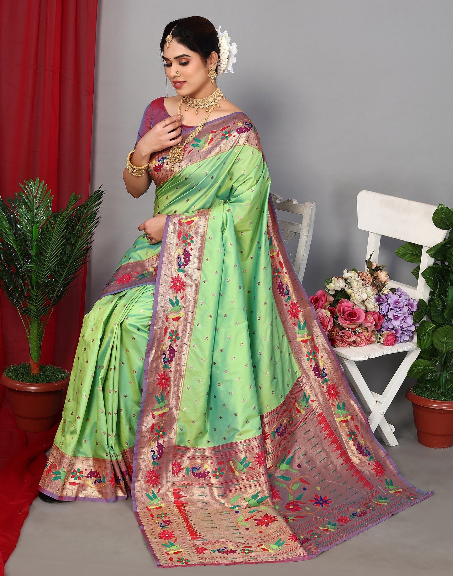 Parrot Green Paithani Silk Saree