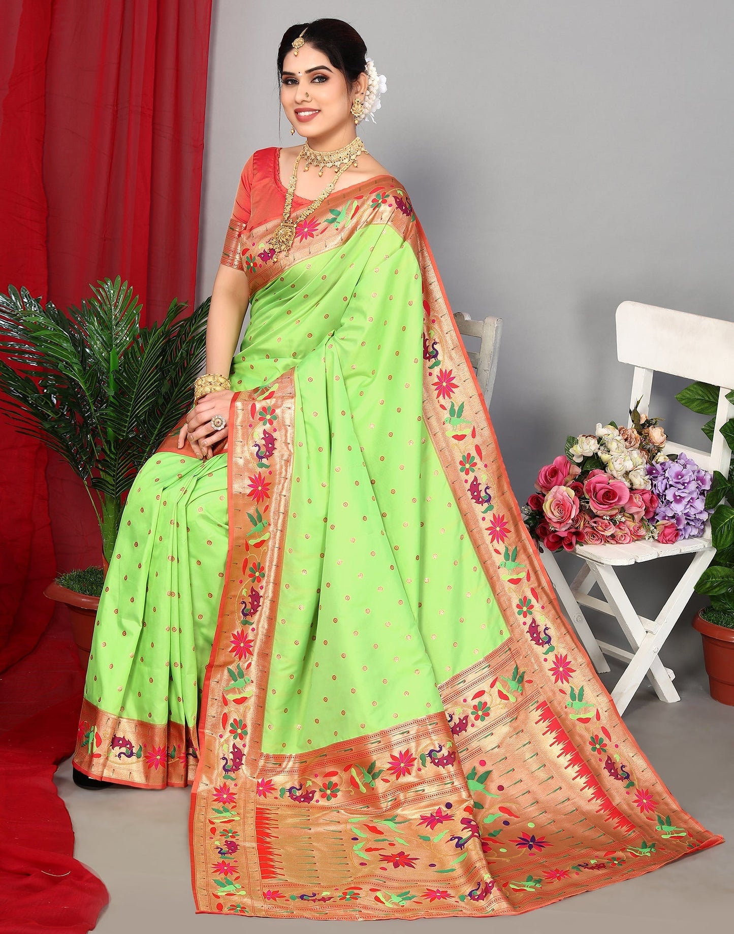 Parrot Green Paithani Silk Saree