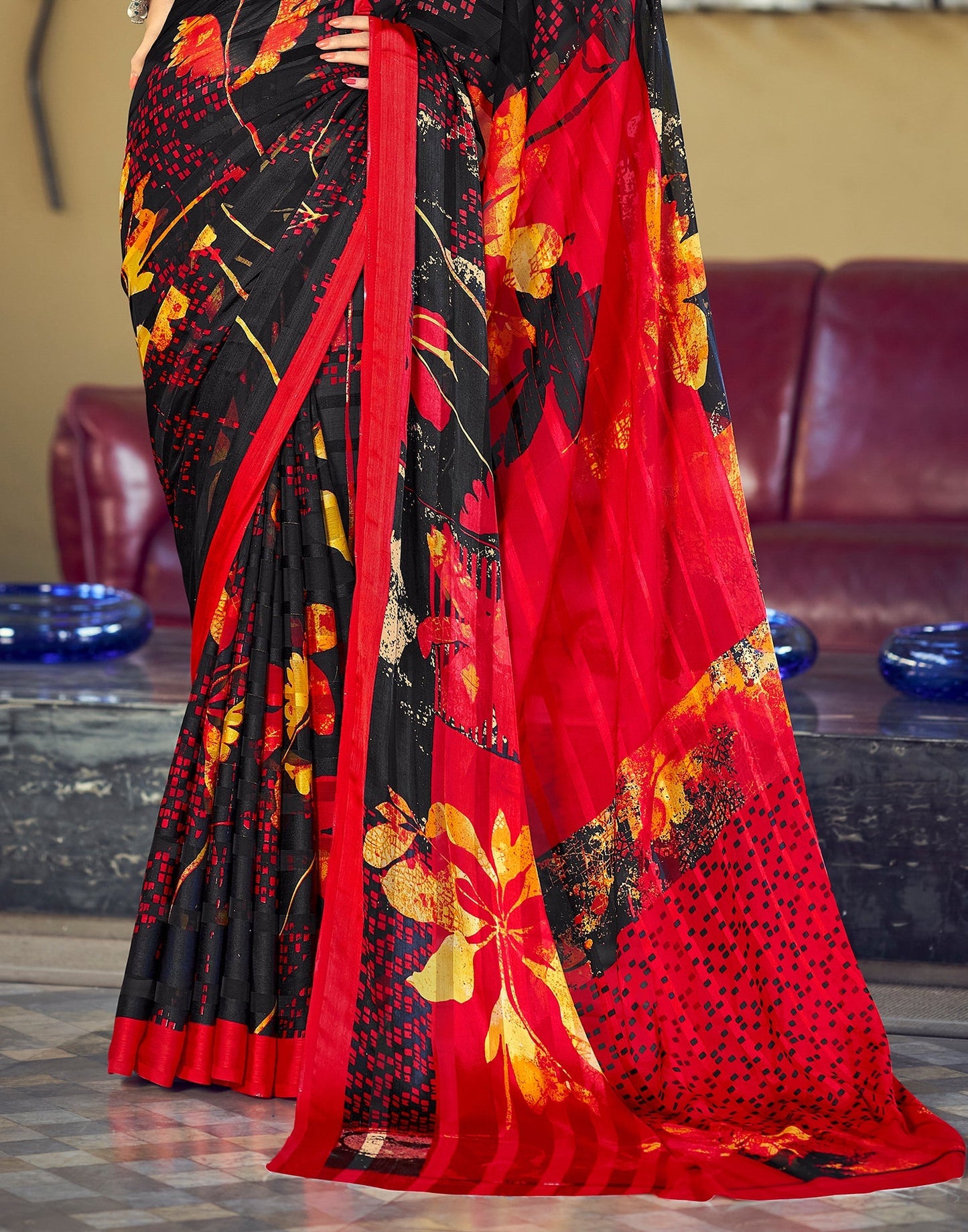 Black Printed Chiffon Saree