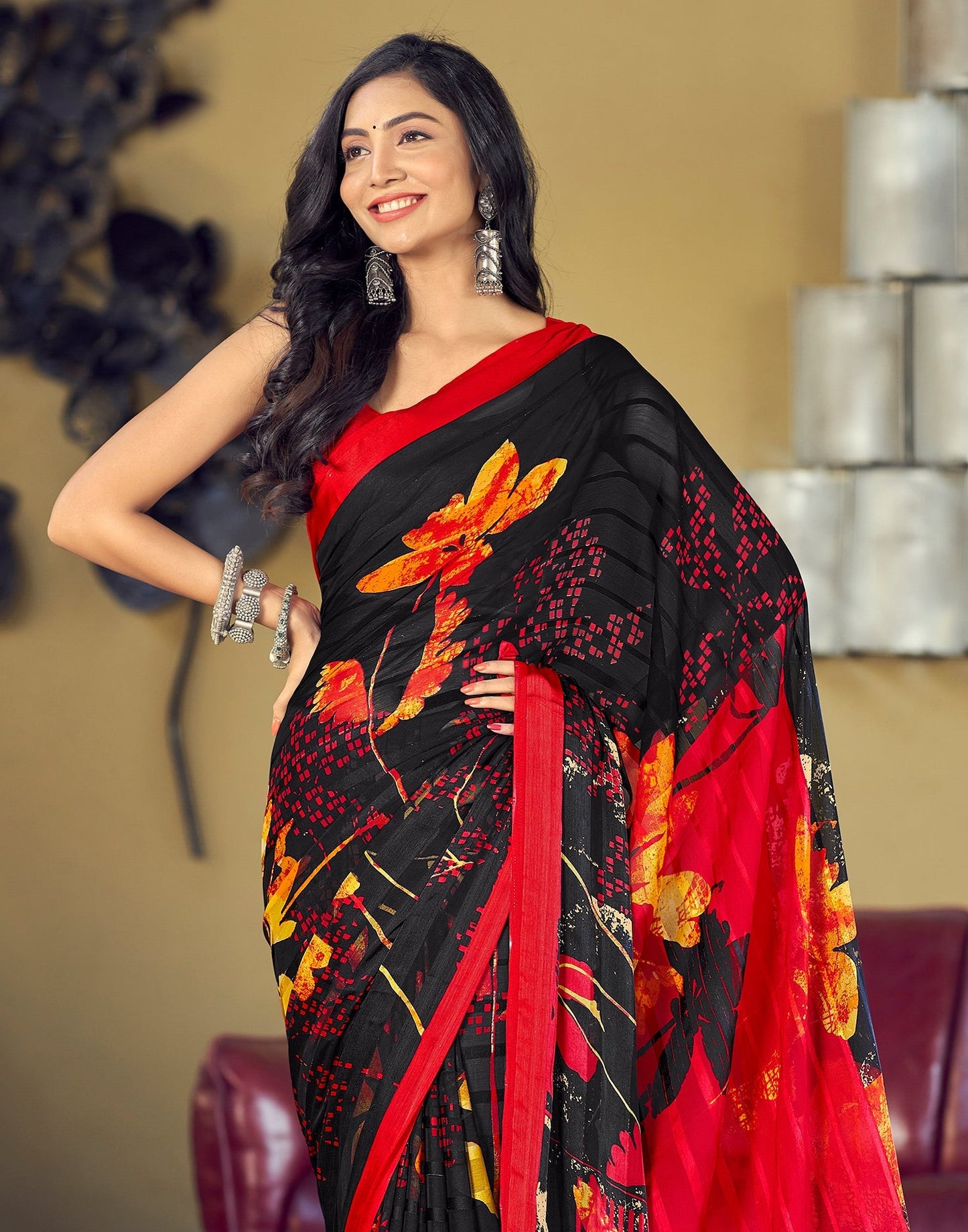 Black Printed Chiffon Saree