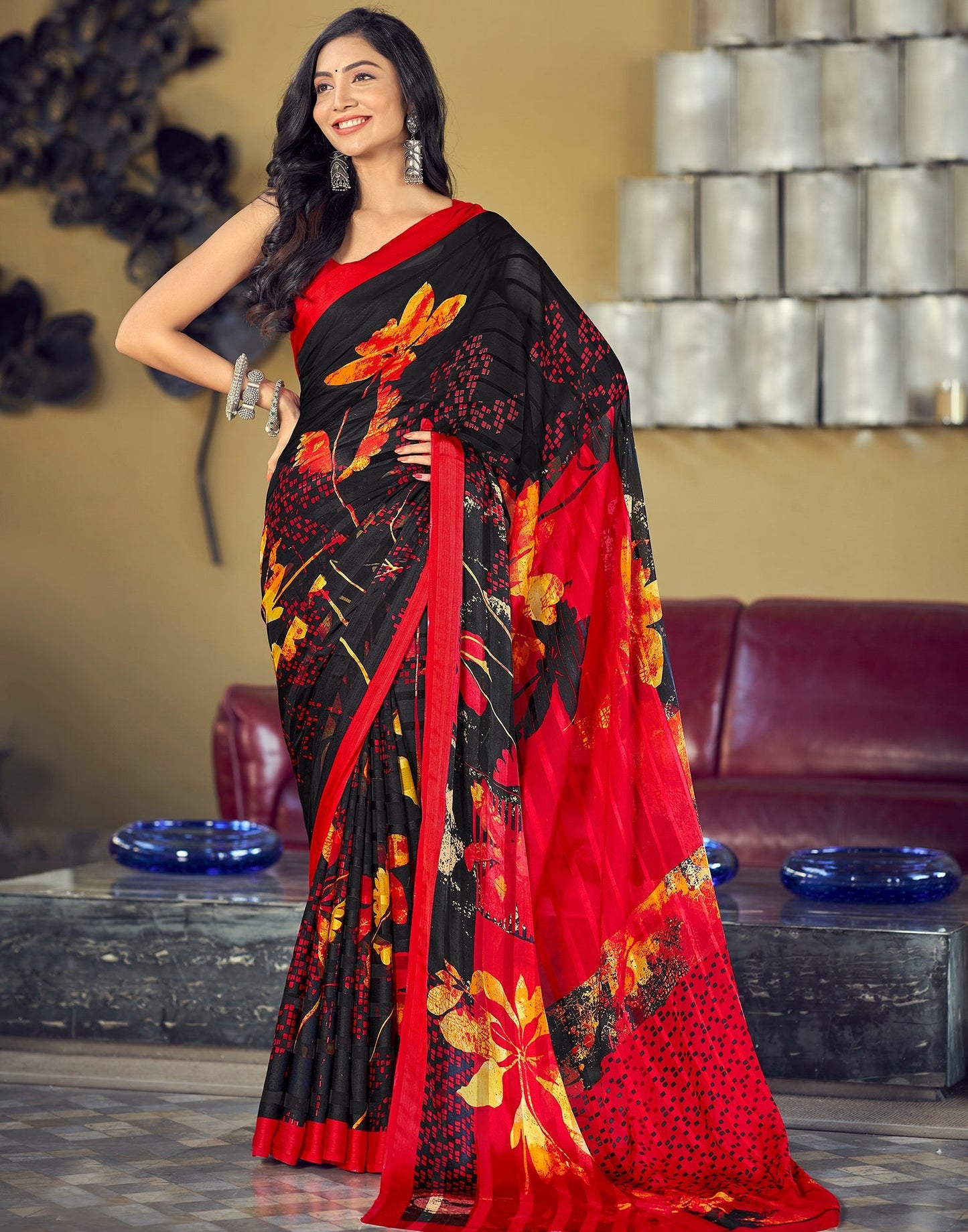 Black Printed Chiffon Saree