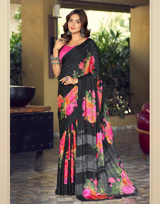 Black Printed Chiffon Saree