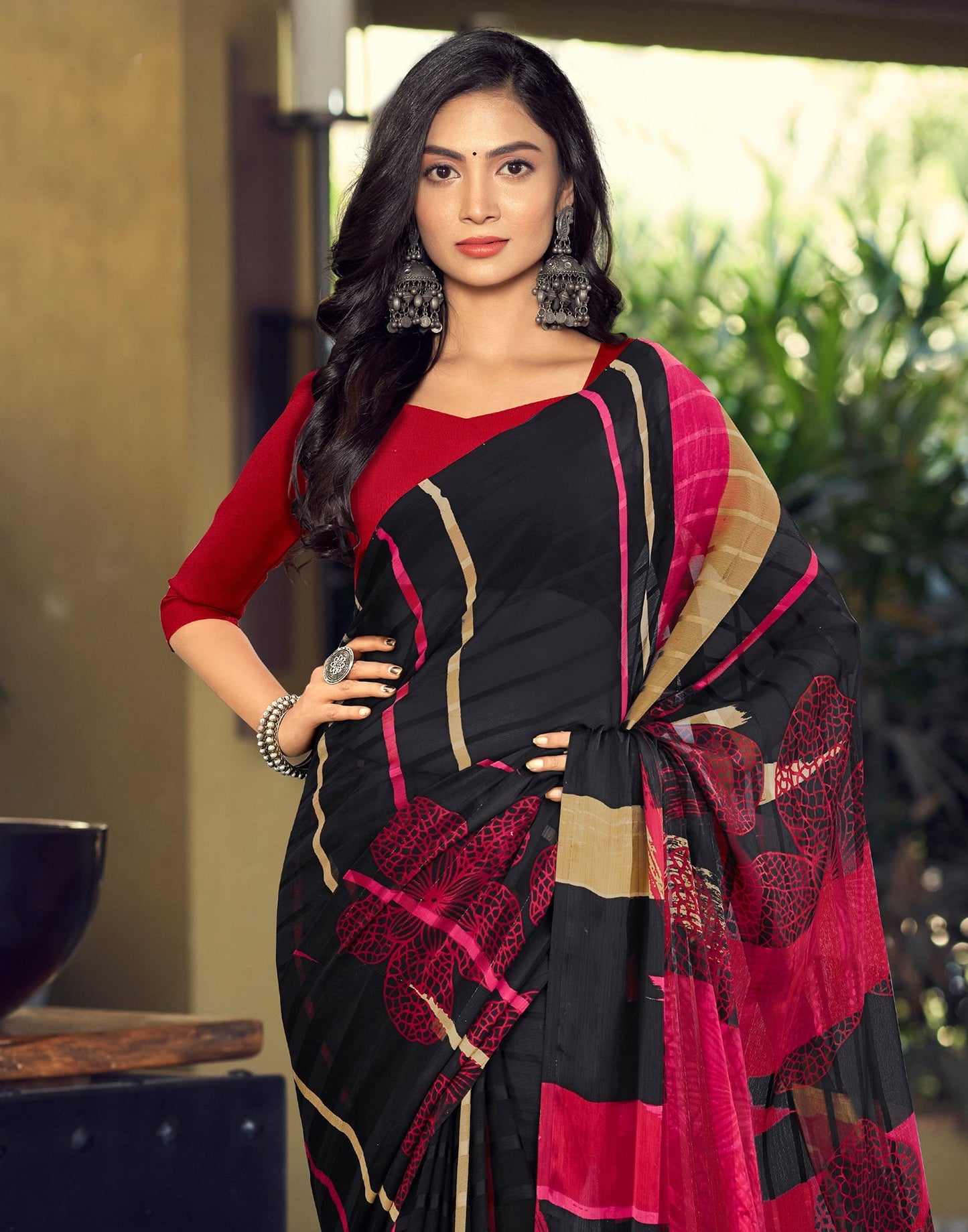 Black Printed Chiffon Saree