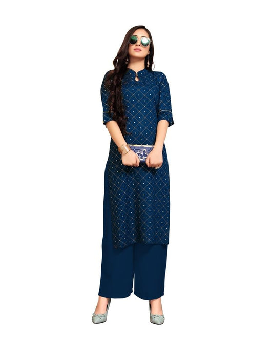 Favourable Navy Blue Coloured Foil Printed Rayon Kurti