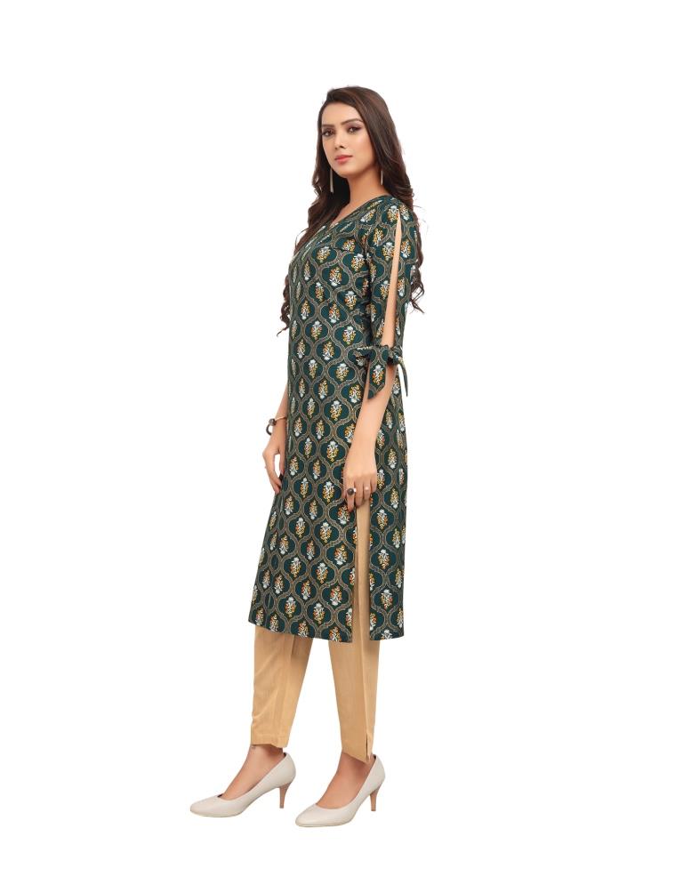 Green Foil Printed Rayon Kurti