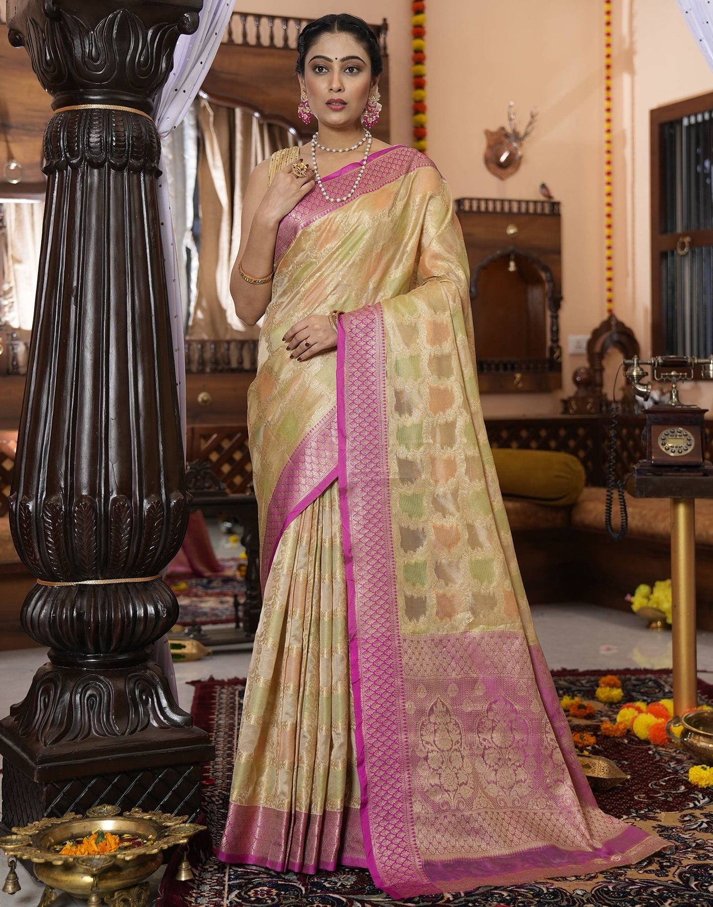 Beige Banarasi Silk Saree