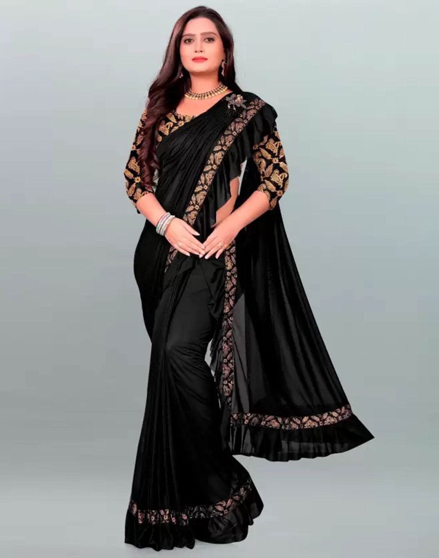 Black Plain Pre-draped Saree