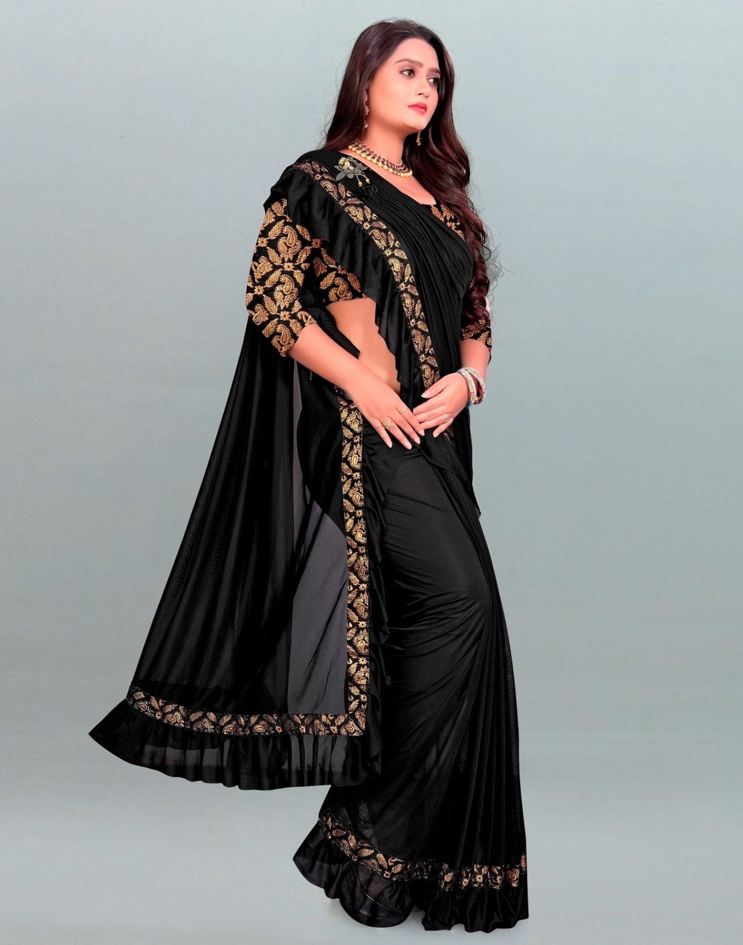 Black Plain Pre-draped Saree