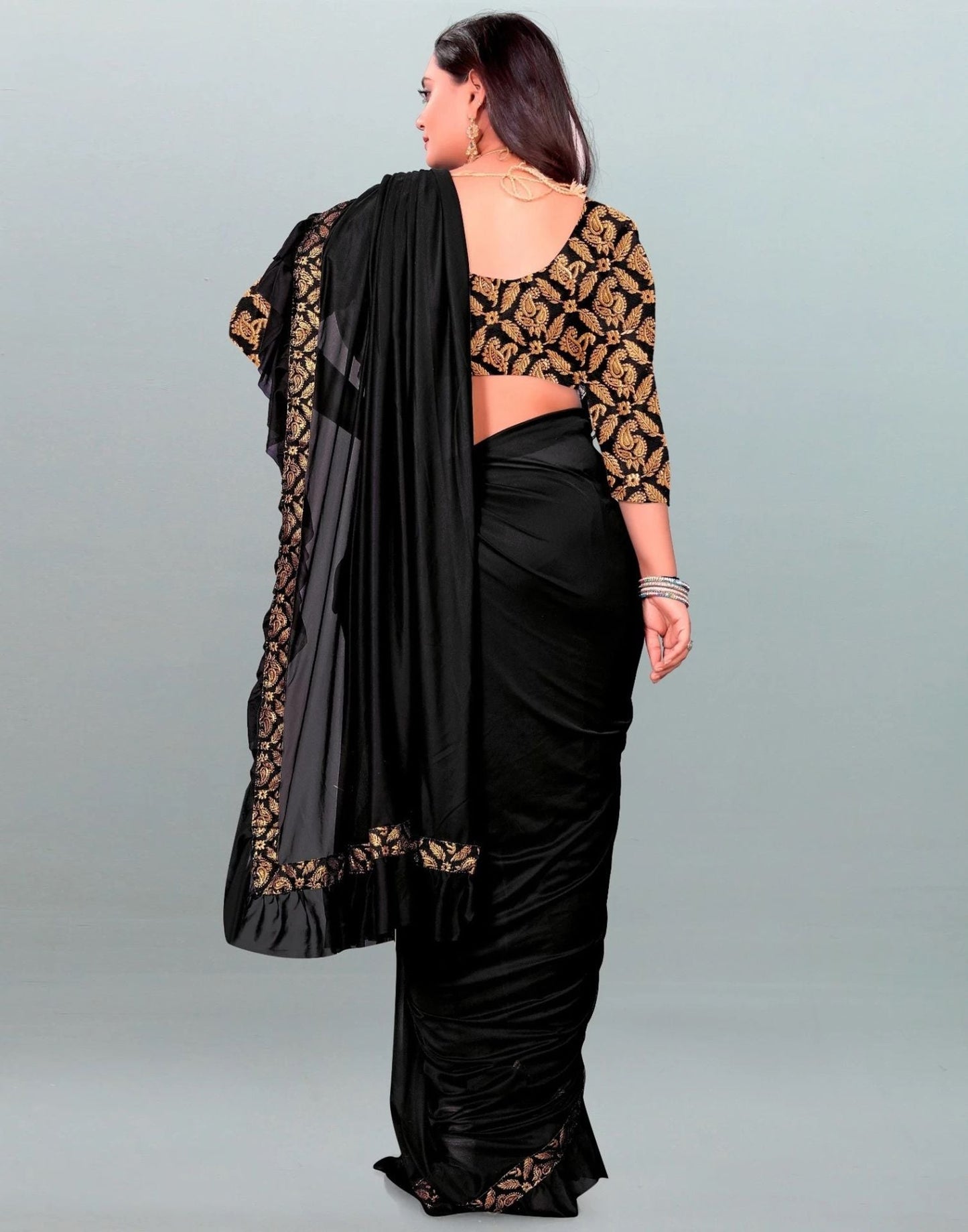 Black Plain Pre-draped Saree