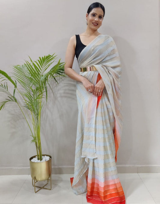 Off White Printed Pre-draped Saree