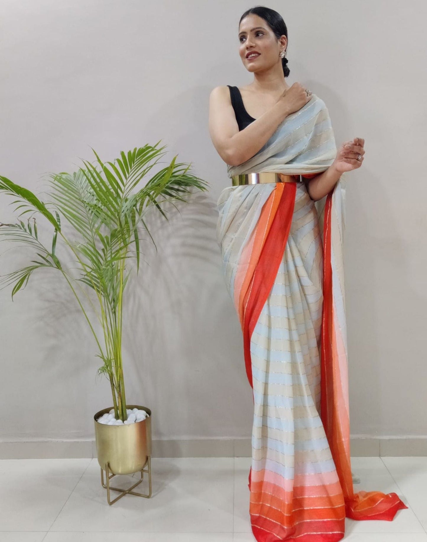 Off White Printed Pre-draped Saree