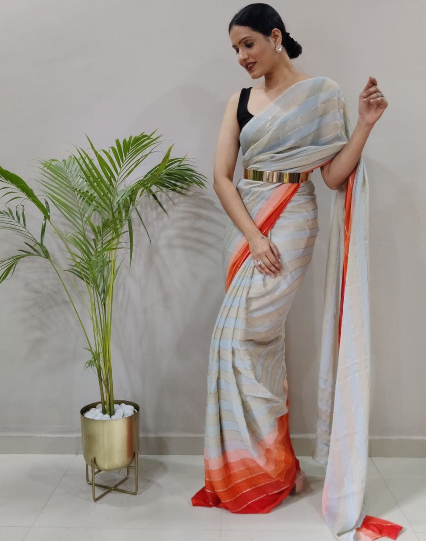 Off White Printed Pre-draped Saree