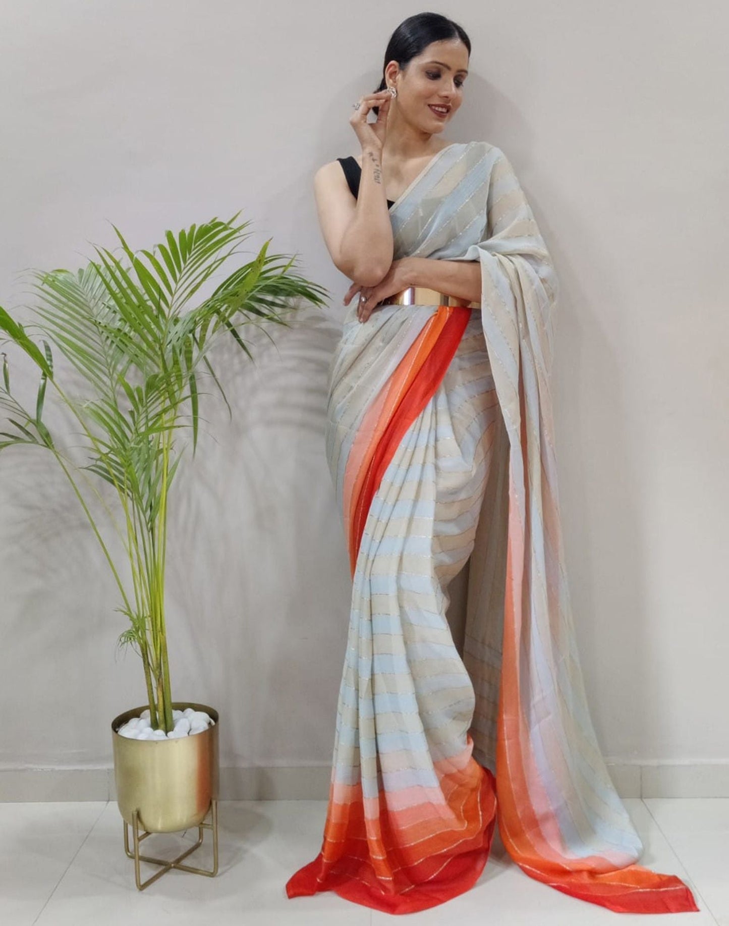 Off White Printed Pre-draped Saree