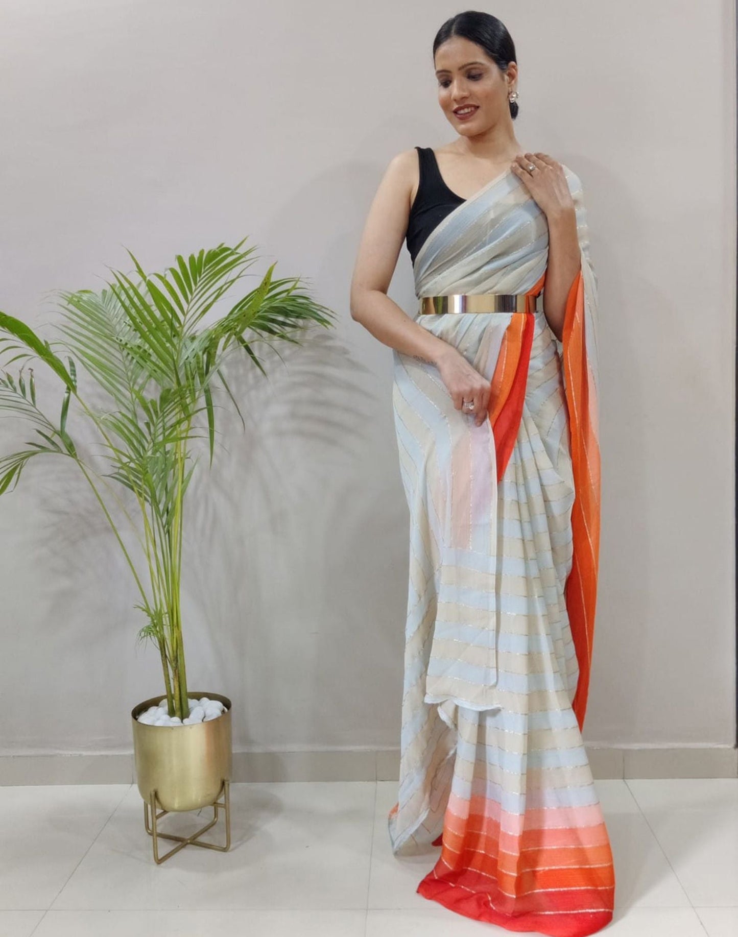 Off White Printed Pre-draped Saree