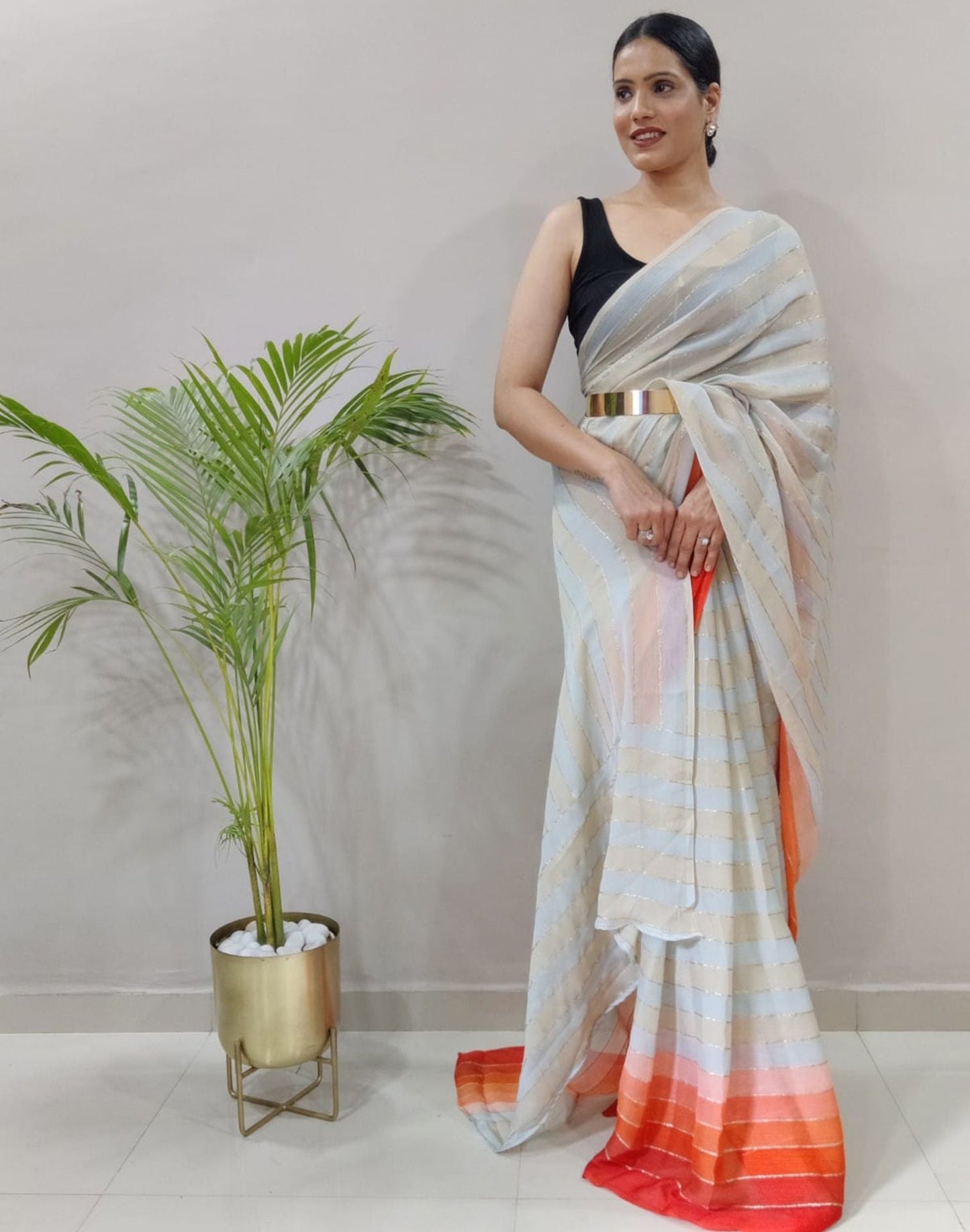 Off White Printed Pre-draped Saree