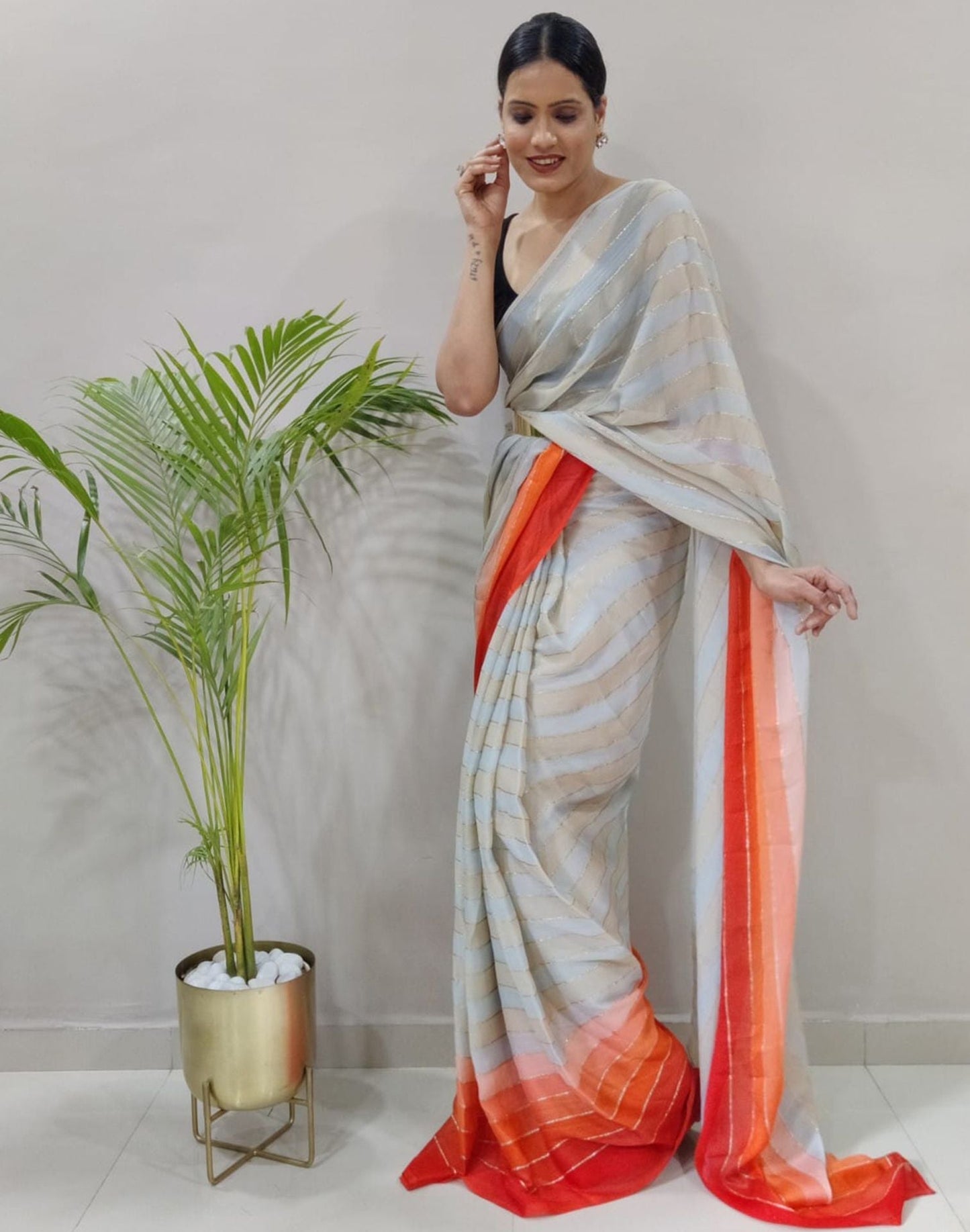 Off White Printed Pre-draped Saree