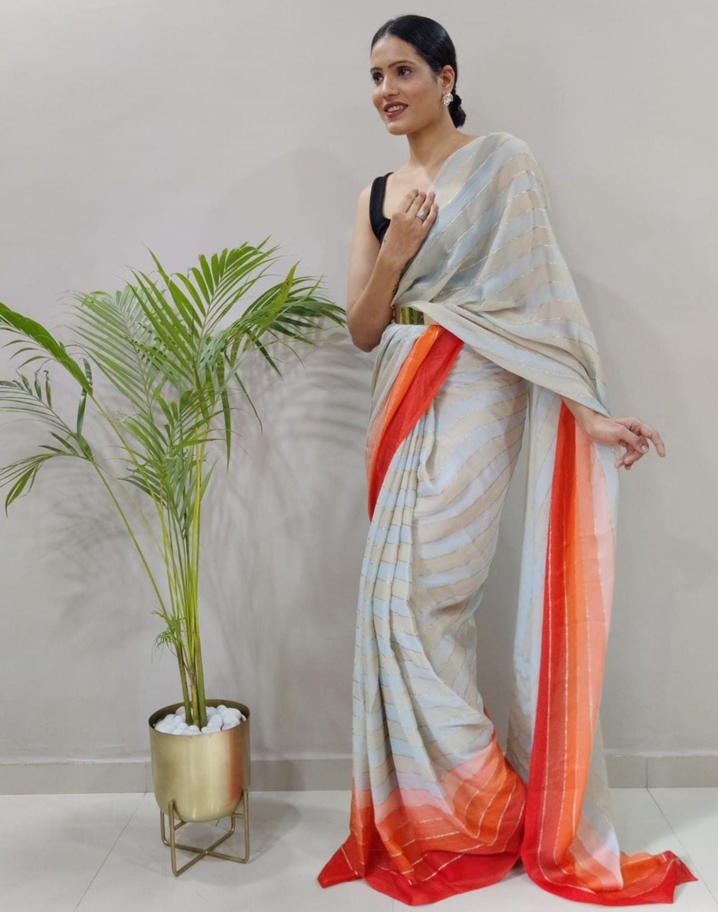 Off White Printed Pre-draped Saree